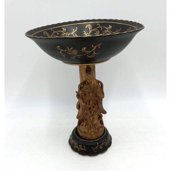 PEDESTAL Bowl Black and Gold With Oriental Figure Vintage JAPANESE Hand Painted - Picture 9 of 10